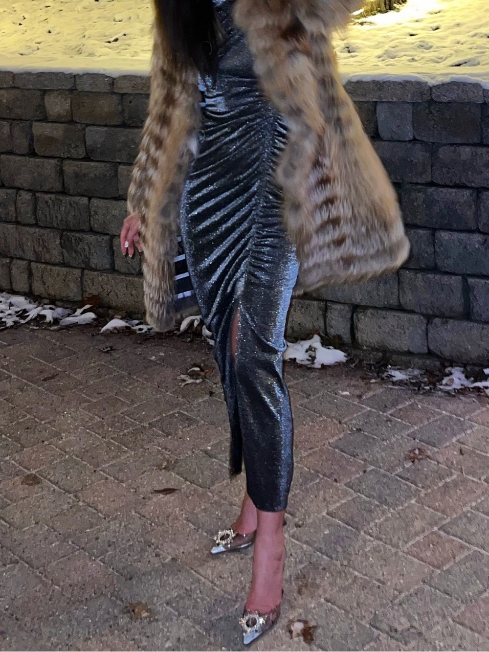 Metallic Long Sleeve Ruched Maxi Dress